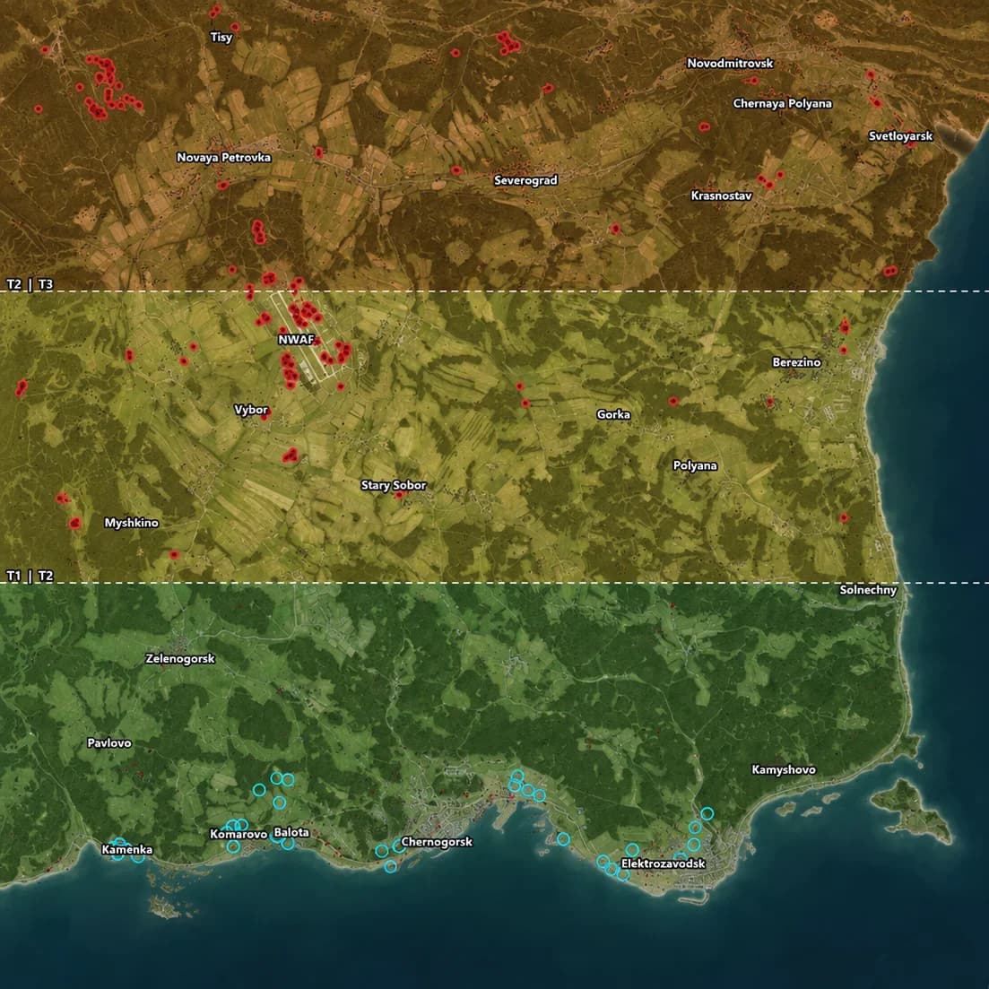 Map of Chernarus in three loot bands rising from south to north, military sites marked in red, spawns along the south coast from Kamenka to Elektrozavodsk.
